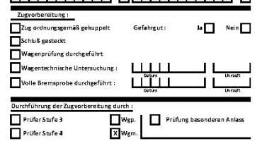 Meldezettel für Bremsprobe und Zugvorbereitung