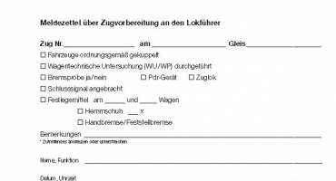 Meldezettel über Zugvorbereitung an den Lokführer